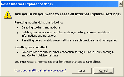 Internet Explorer Reset warning